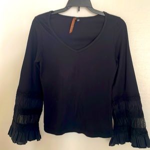 Language Los Angeles women black flutter ruched embroidered long sleeve v-neck